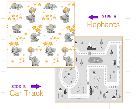 Extra Large Reversible Baby Play Mat - Grey Elephant & Car Design